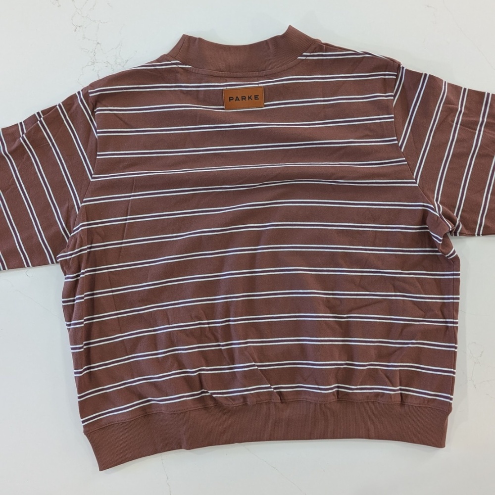 PARKE Striped Mockneck Pullover Women L/XL Mocha Brown Tonal Stripe Cotton NWT - Picture 5 of 13